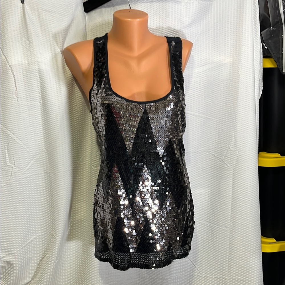 Black Sequin Sleeveless Fitted Tank Top